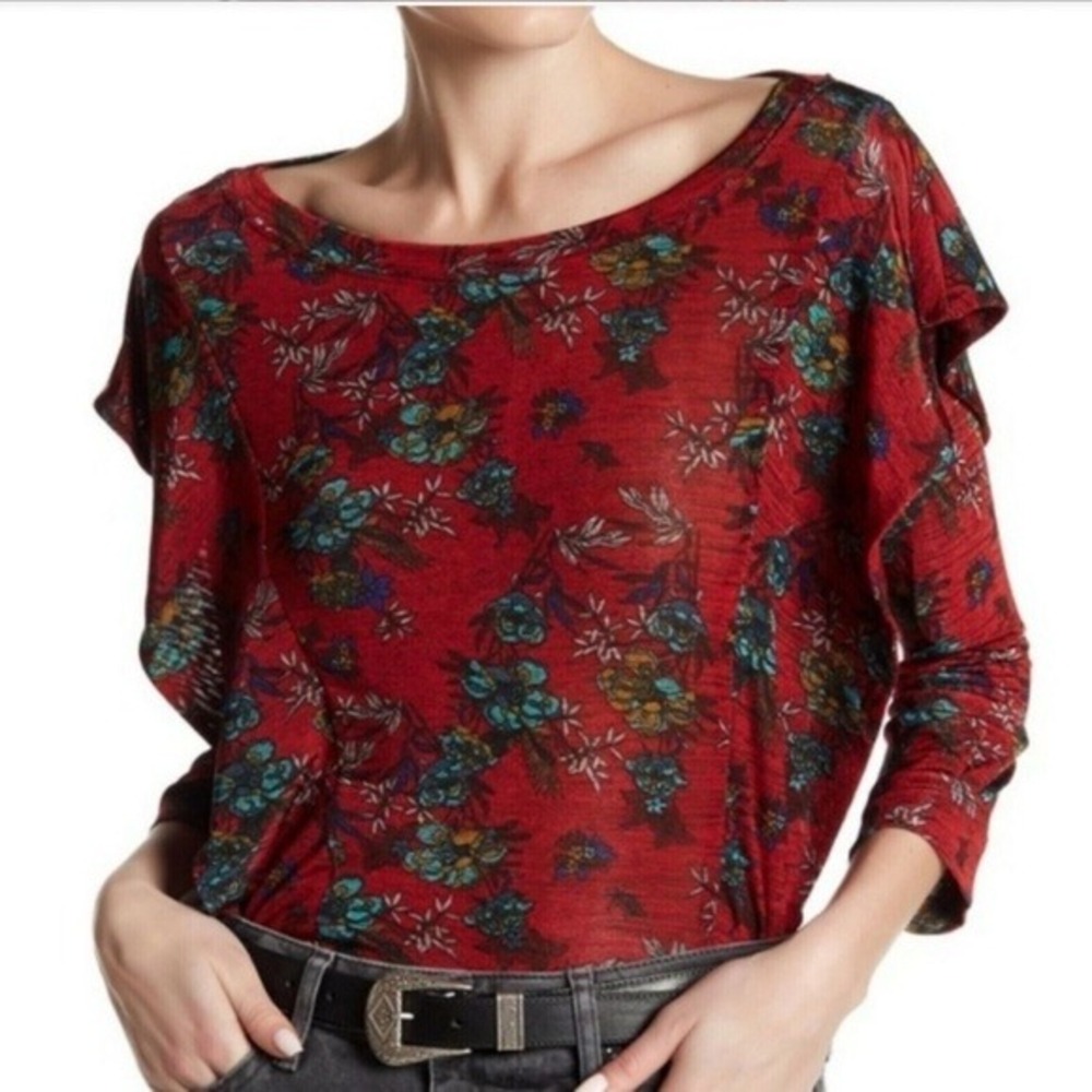 Free People Red Floral Ruffle Long Sleeve Boat‎ Neck Open Back Top Size Medium
